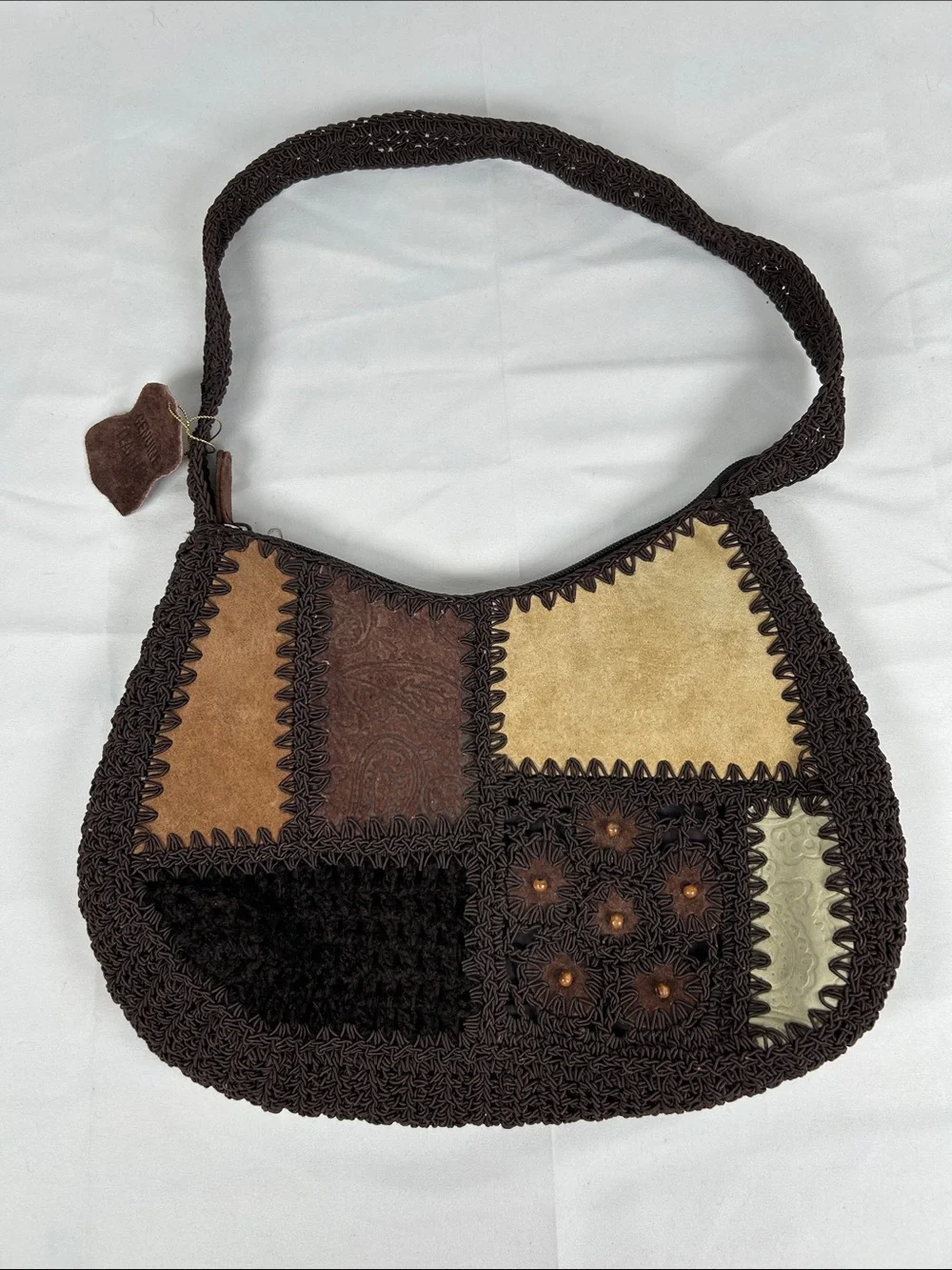 Leather Suede Boho Knit Crochet Hobo Bag Brown Beaded